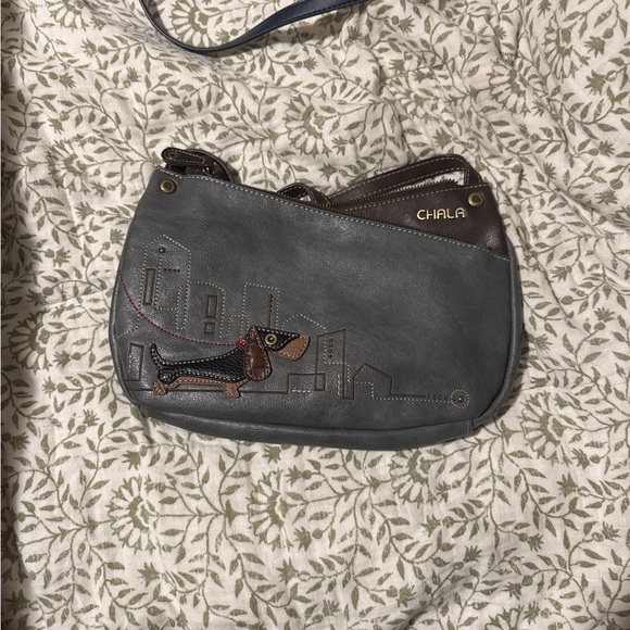 Chala Handbags - Chala Gray and Brown Crossbody Bag with Dachshund Design